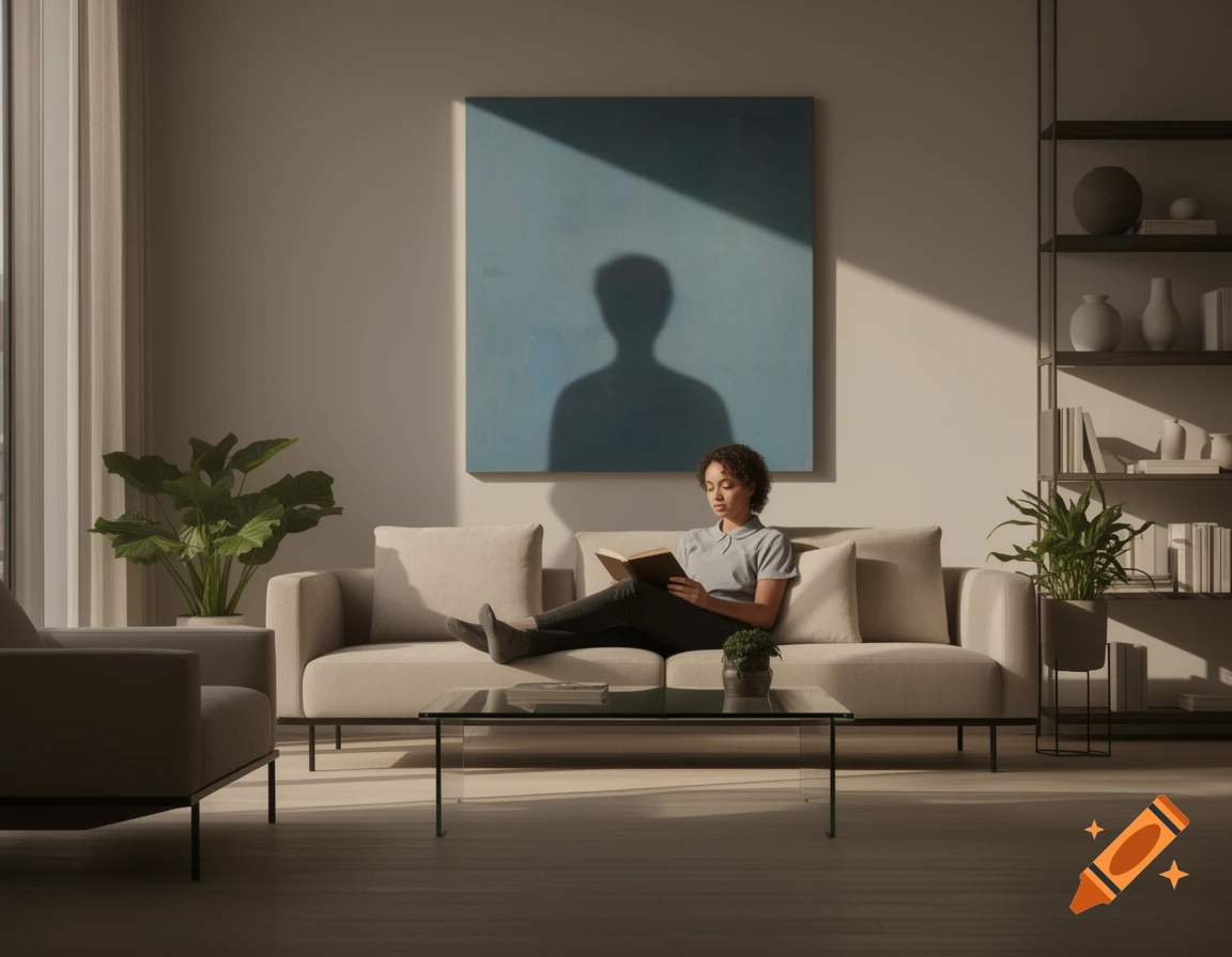 A woman reads a book on a beige sofa in a modern living room, a large shadow of a person cast on a blue painting.