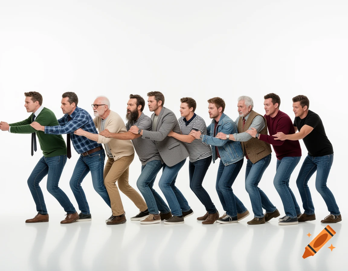 Nine diverse men in casual attire, forming a synchronized line and straining to push towards the left in a bright studio with a reflective floor.