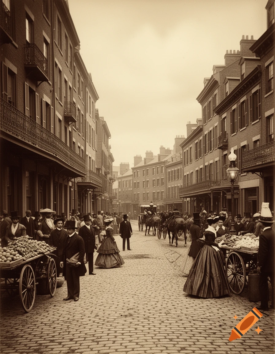 A sepia-toned historical photograph of a bustling 1860s cobblestone street with people, horse-drawn carriages, and market stalls.