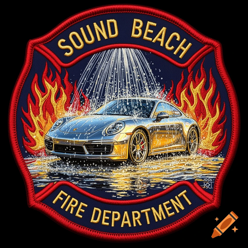 Embroidered patch for Sound Beach Fire Department, featuring a silver Porsche being washed, surrounded by flames.