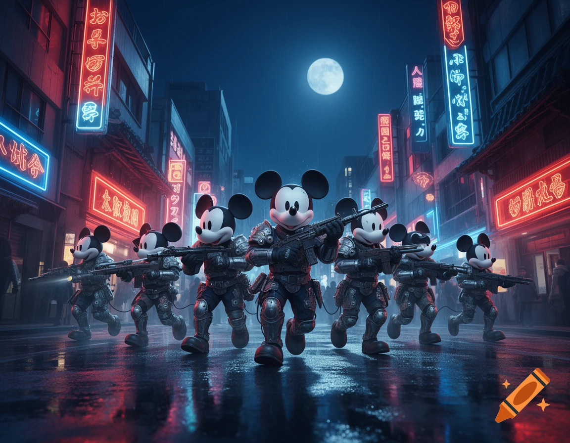 Mickey Mouse-like characters in tactical gear and rifles march on a wet, neon-lit street at night under a full moon, in a cyberpunk style.