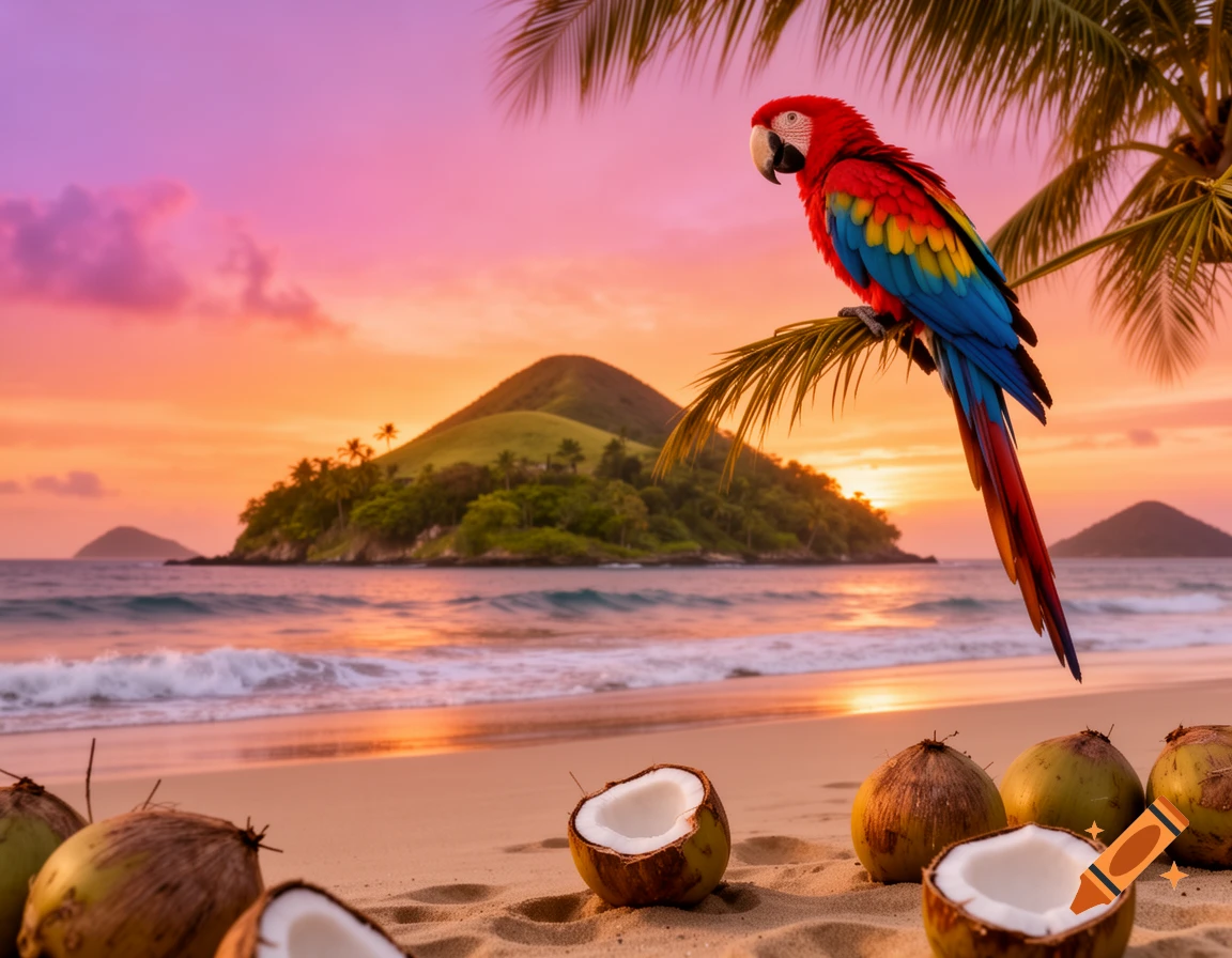 A vibrant macaw parrot perches on a palm frond overlooking a tropical beach at sunset with coconuts in the foreground.
