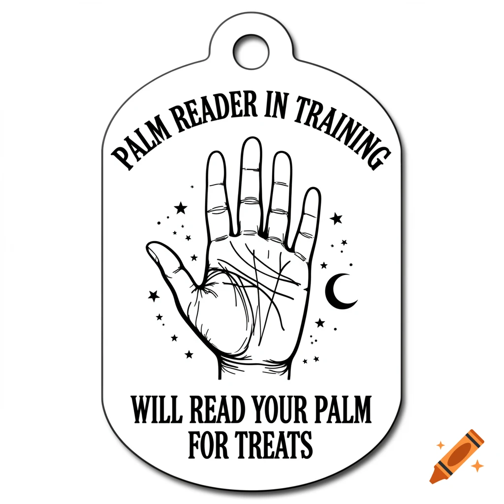 Black and white dog tag design with a palmistry hand, stars, moon, and text 'PALM READER IN TRAINING' and 'WILL READ YOUR PALM FOR TREATS'.