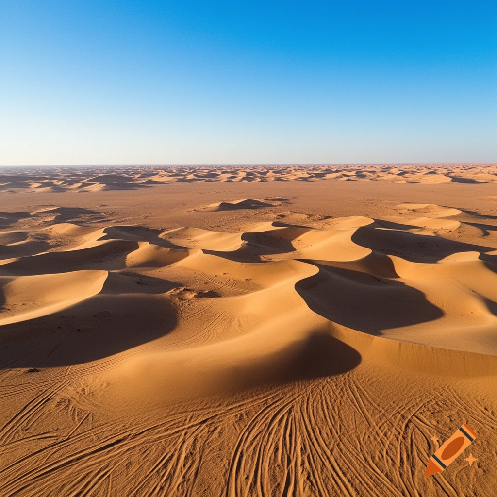Photorealistic aerial view of a vast desert with rolling sand dunes and vehicle tracks under a clear blue sky.