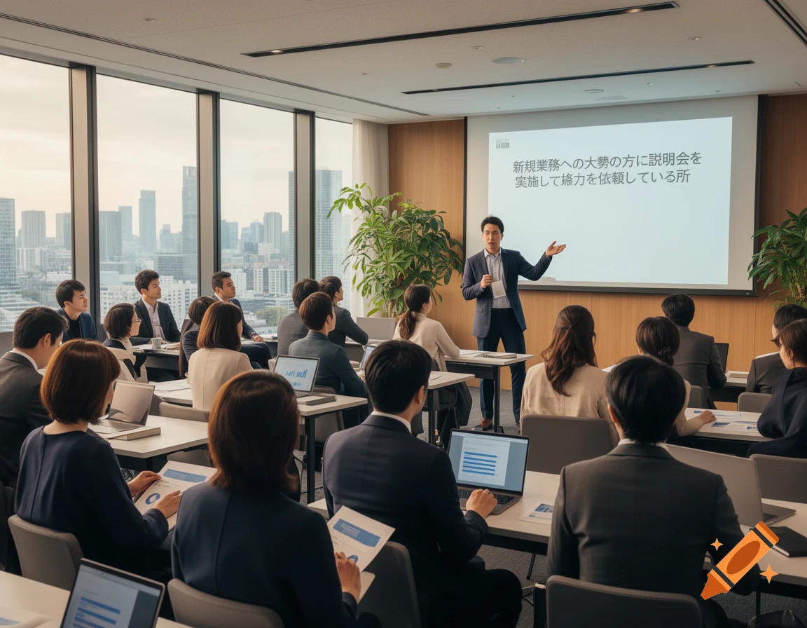 A man in a suit presents to an audience in a modern conference room with a city view.