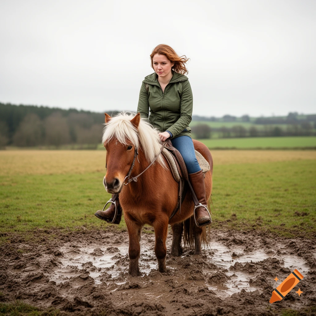 A young woman with red hair rides a brown pony with a blonde mane through a muddy field on a cloudy day.