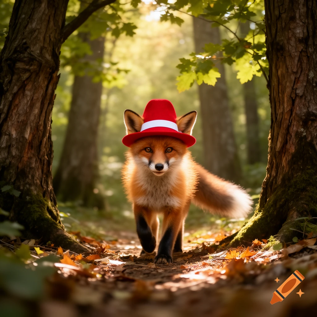 A photorealistic fox wearing a red hat walks on a leafy path in a sunlit forest.