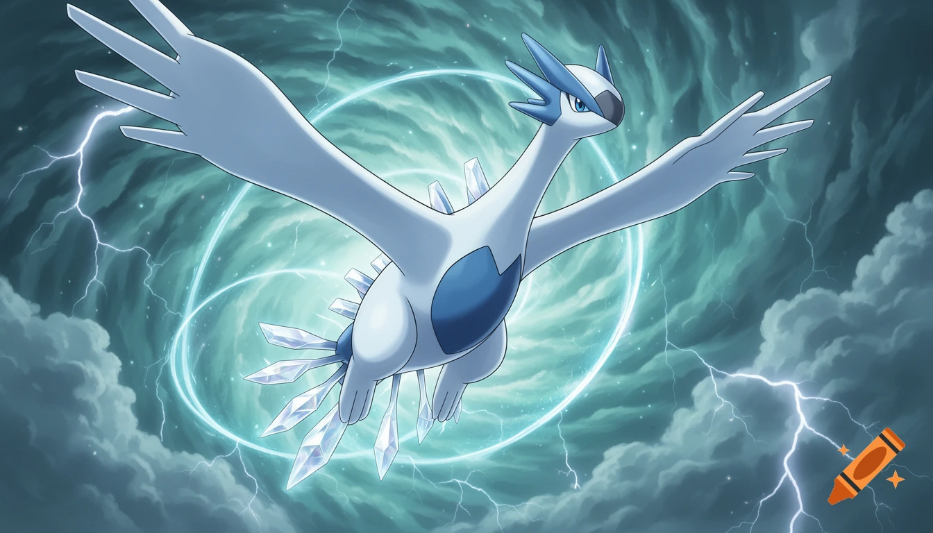 Lugia, a white and blue Pokémon, flies through a stormy sky with lightning and glowing blue energy, in an anime art style.