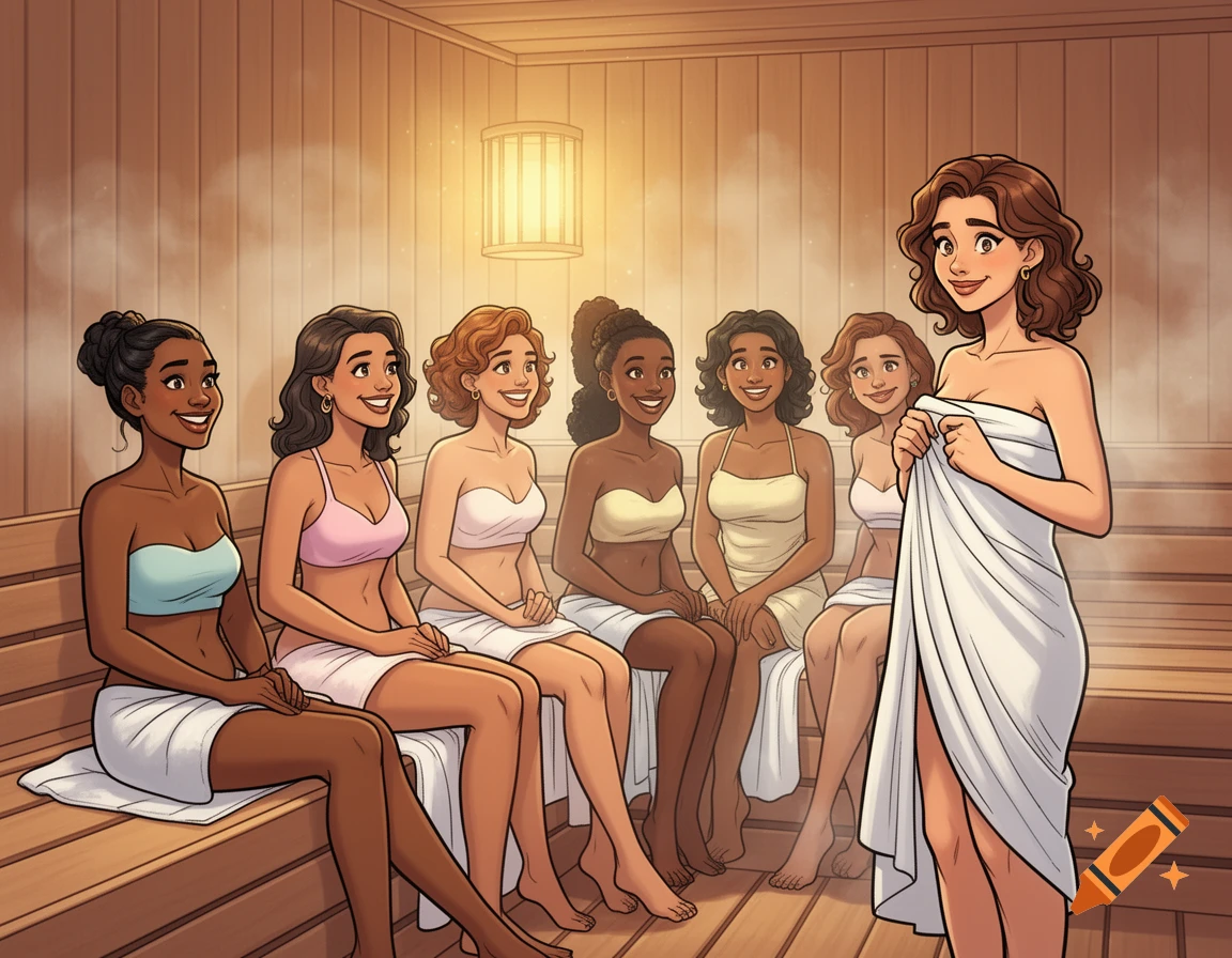 A group of diverse women in a comic book style illustration are in a wooden sauna, some sitting on benches with towels, while one stands wrapped in a white towel.