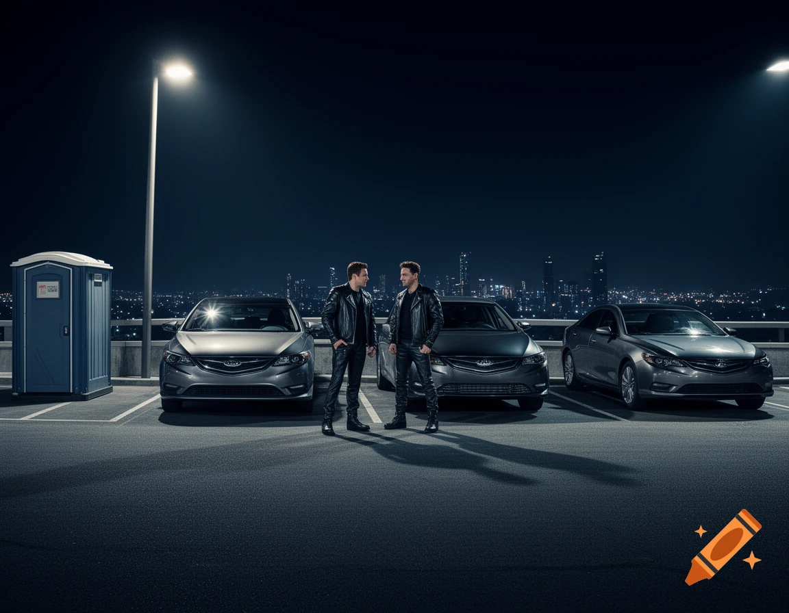 Two men in leather jackets stand between cars on a night parking lot with a city skyline and portable toilet in background, photorealistic.