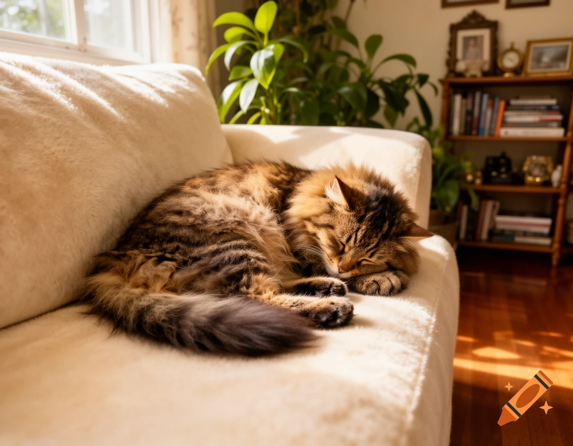 A fluffy brown tabby cat sleeps soundly on a cream-colored couch, bathed in warm sunlight.