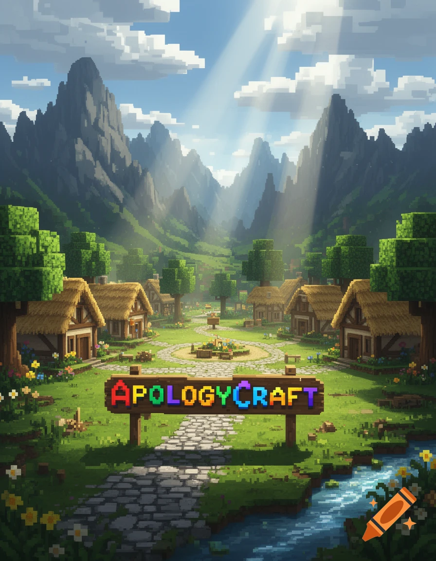A vibrant pixel art fantasy landscape features a village with thatched-roof houses, green fields, and towering mountains under a sunny sky, with a sign reading APOLOGYCRAFT.