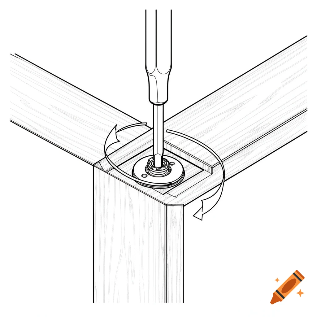 Flat screwdriver turning a circular metal cam lock fastener in a wooden furniture corner, in an IKEA line art style technical diagram.