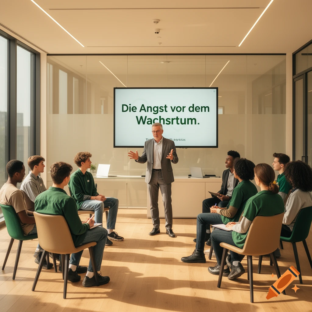 A man speaks to a group of young adults seated in a semi-circle in a modern meeting room with "Die Angst vor dem Wachstum" on a screen.