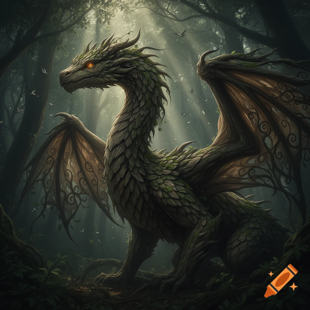 A majestic moss-covered dragon with glowing orange eyes stands in a dark, sunlit forest.