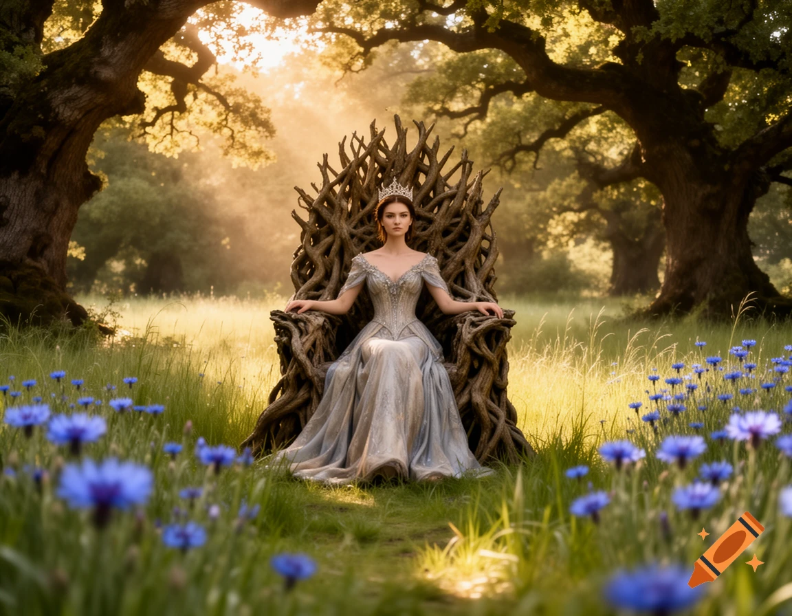 A queen with a crown sits on an intricate throne made of twisted tree roots in a sunlit forest clearing with blue cornflowers.