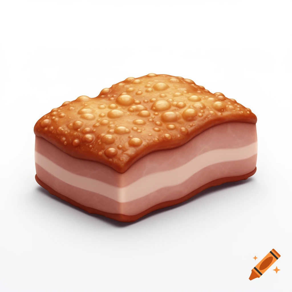 A 3D digital icon of a piece of fried pork belly with golden, bubbly, crispy skin and visible layers of meat and fat, on a white background.
