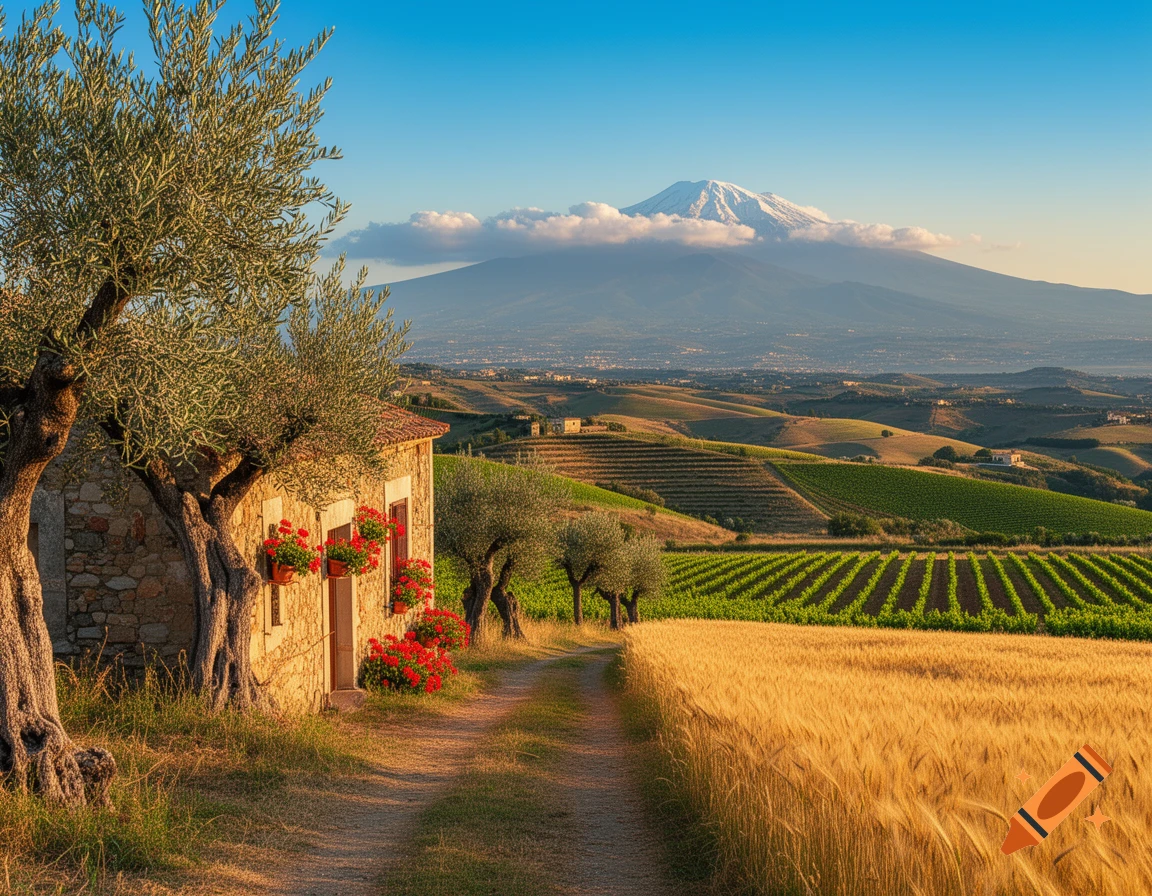 Photorealistic landscape of a stone house with olive trees, wheat fields, vineyards, and a snow-capped mountain under a blue sky.