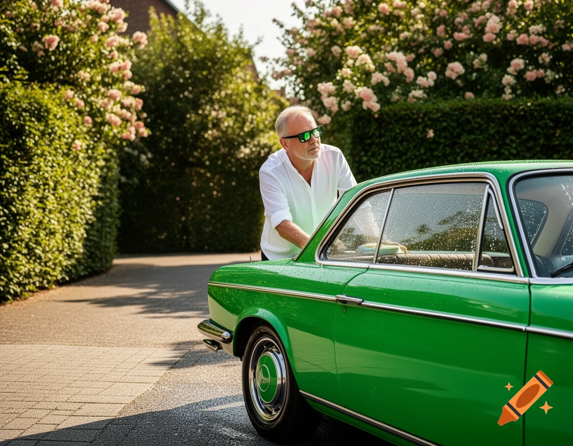 An older man in sunglasses and a white shirt washes a shiny green classic car on a sunny day next to a hedge with pink flowers.