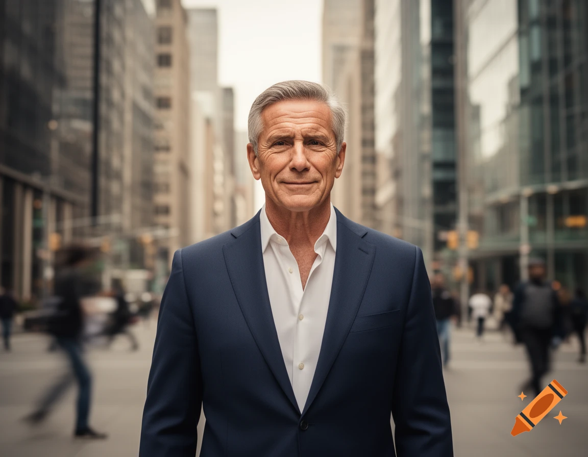 A photorealistic portrait of an older man with gray hair, wearing a navy suit and white shirt, standing on a bustling city street.