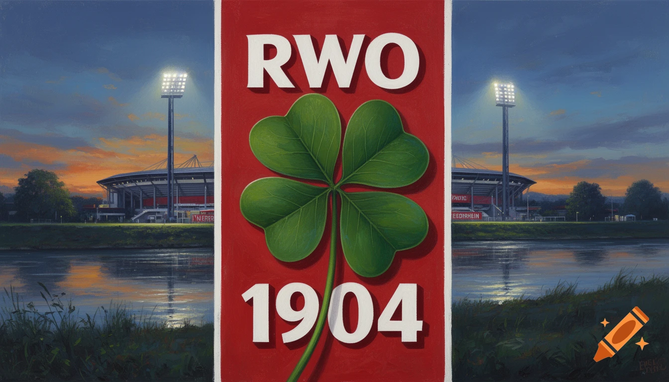 Painterly image of a red banner with 'RWO', a four-leaf clover, and '1904' in white, set against a stadium and river at sunset.