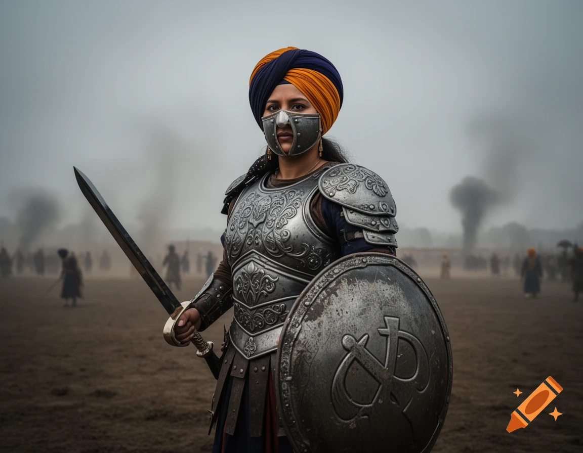 A strong Sikh woman warrior in detailed armor stands on a foggy battleground, holding a sword and a shield with a symbol.