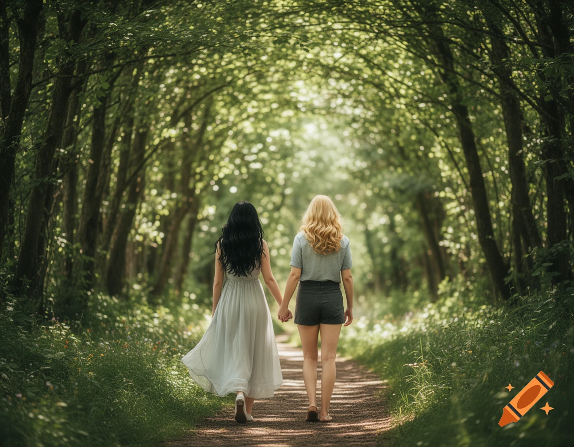 Two women with long hair, one dark-haired and one blonde, walk hand-in-hand from behind on a path through a sun-dappled forest.