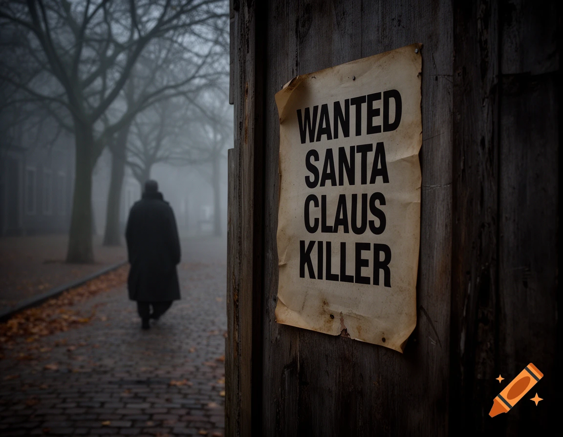 A 'WANTED SANTA CLAUS KILLER' poster on a wooden door, with a person walking away in a foggy, dark street.