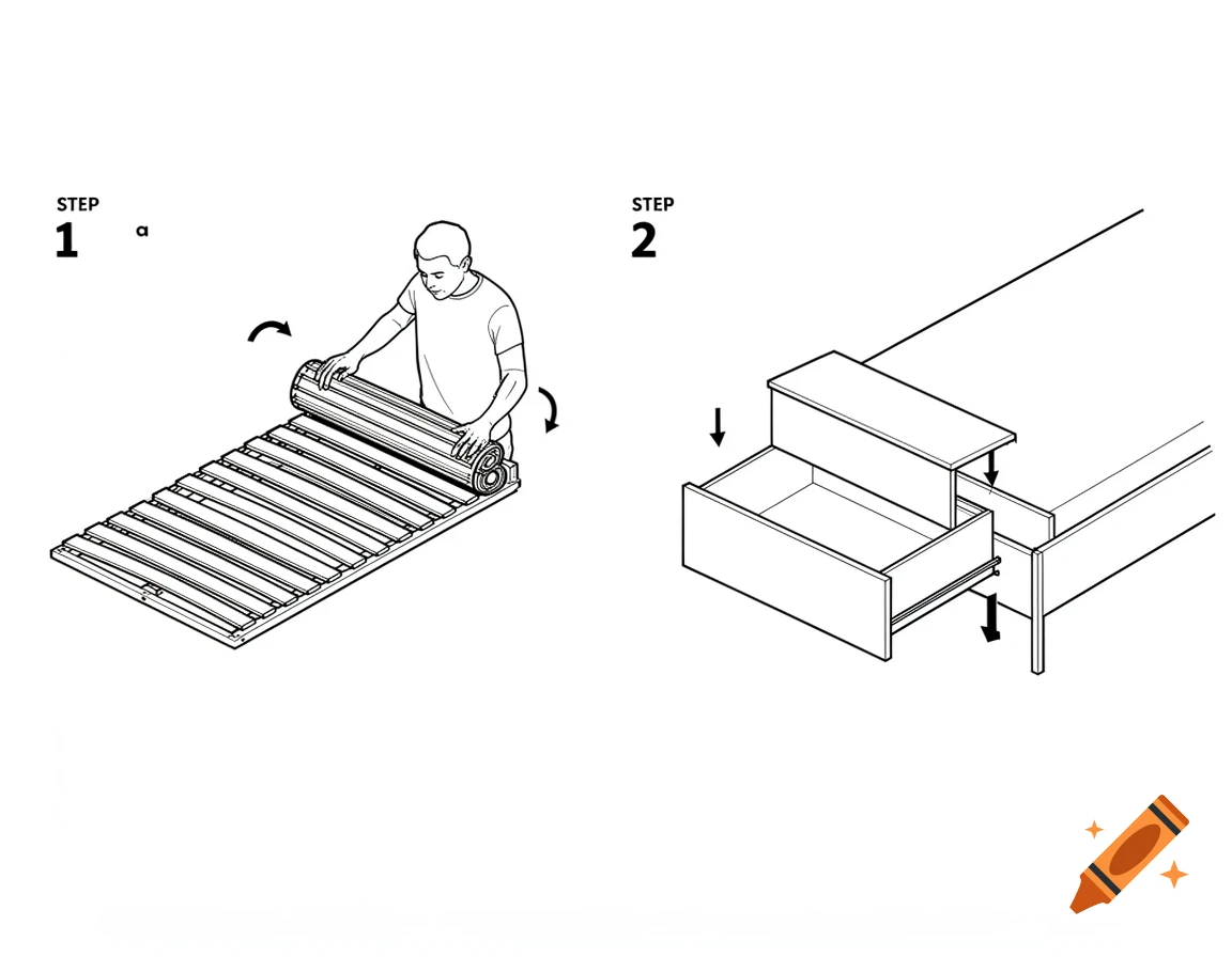 Black and white line art diagram showing step 1, a person rolling a slatted bed base, and step 2, a drawer being installed in a bed frame.