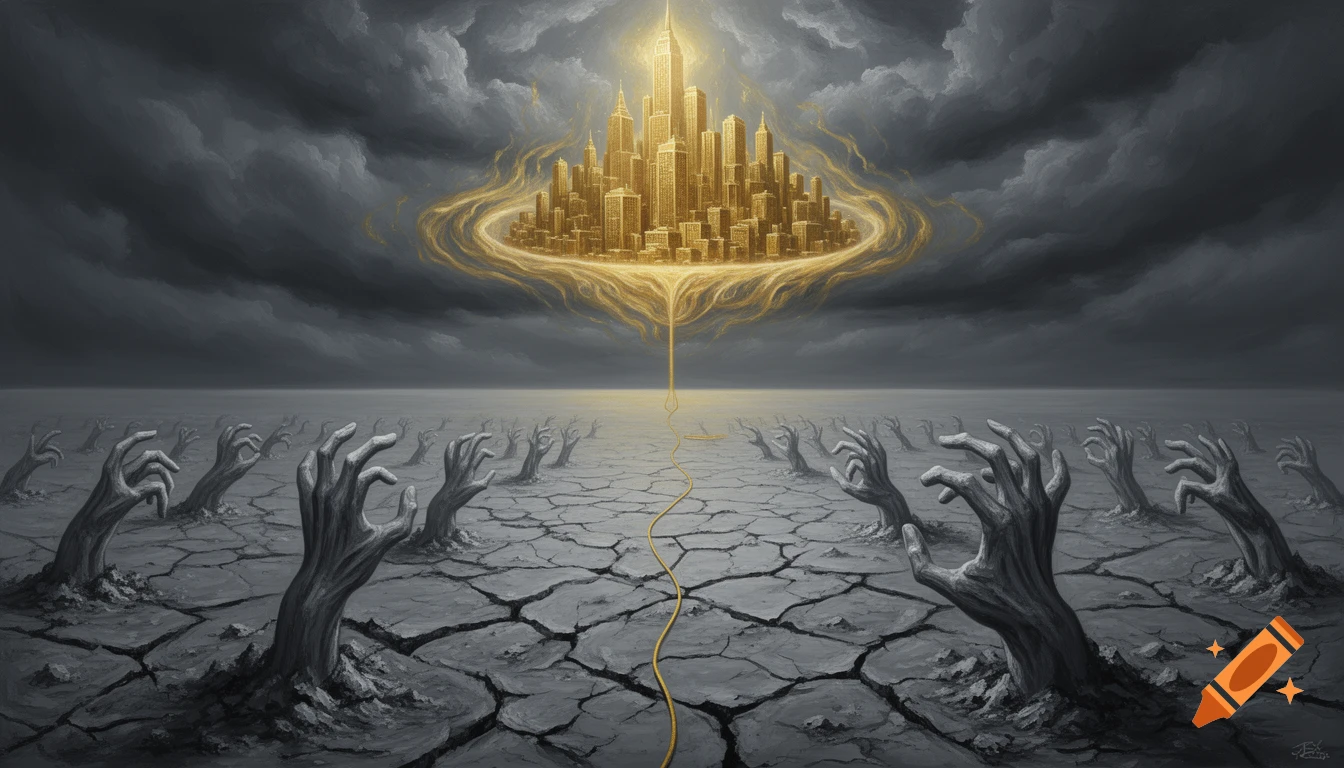 Surreal painting of skeletal hands reaching from cracked earth towards a glowing golden city under a stormy sky.