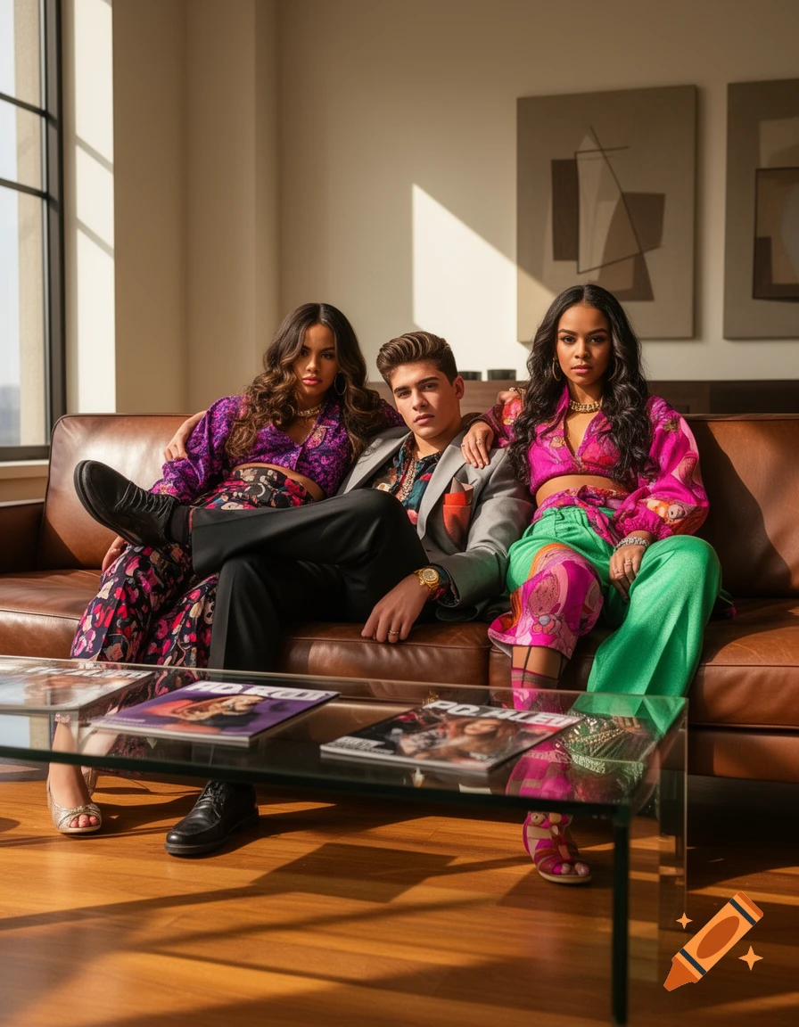 Three young adults in colorful 2000s-style outfits pose on a brown leather couch in a sunlit modern living room.