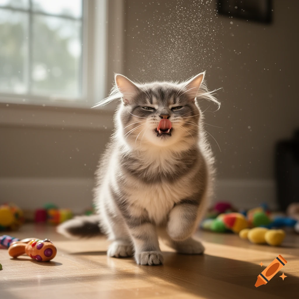 Photorealistic grey and white tabby cat sneezing with its tongue out, surrounded by dust in a sunlit room filled with toys.