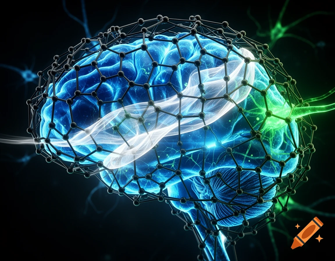 A glowing blue brain encased in a black molecular net, with white and green energy flowing through it, against a dark background.