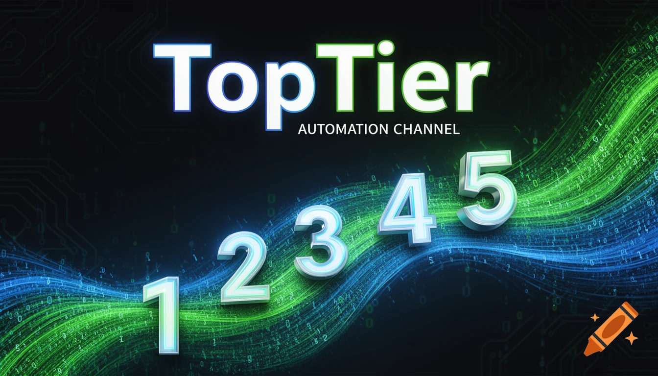 A banner with 'TopTier AUTOMATION CHANNEL' text and large 3D numbers 1, 2, 3, 4, 5, set against a dark background with blue and green digital flowing lines and circuit board patterns.