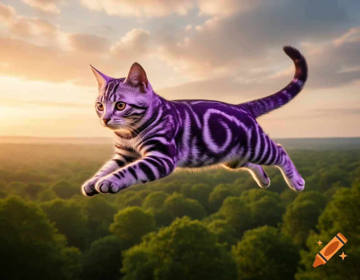 A photorealistic purple-black and white striped cat leaping through a sunset sky over a green forest.