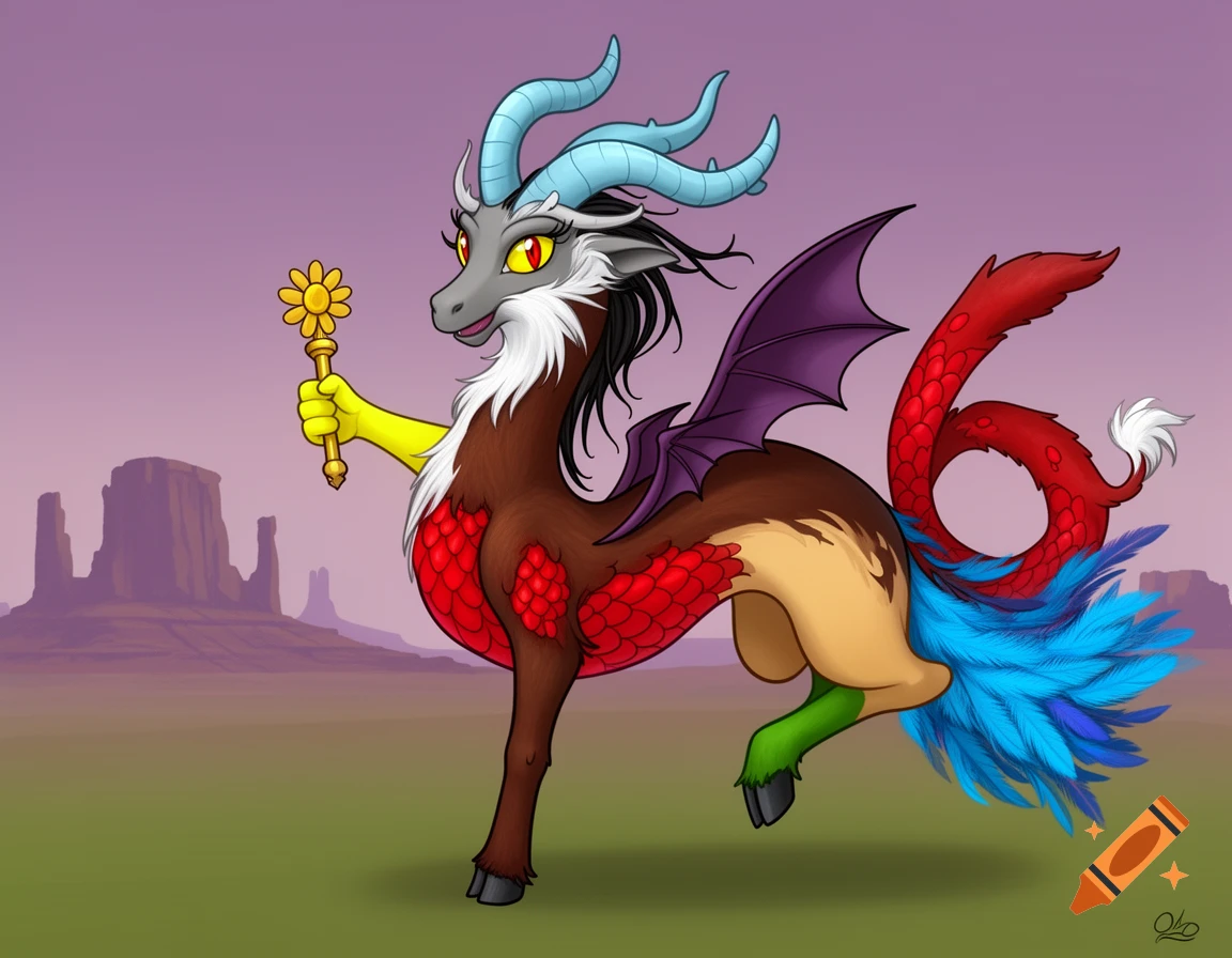 A stylized cartoon draconequus with multiple body parts, horns, and feathers stands in a desert holding a golden flower staff.