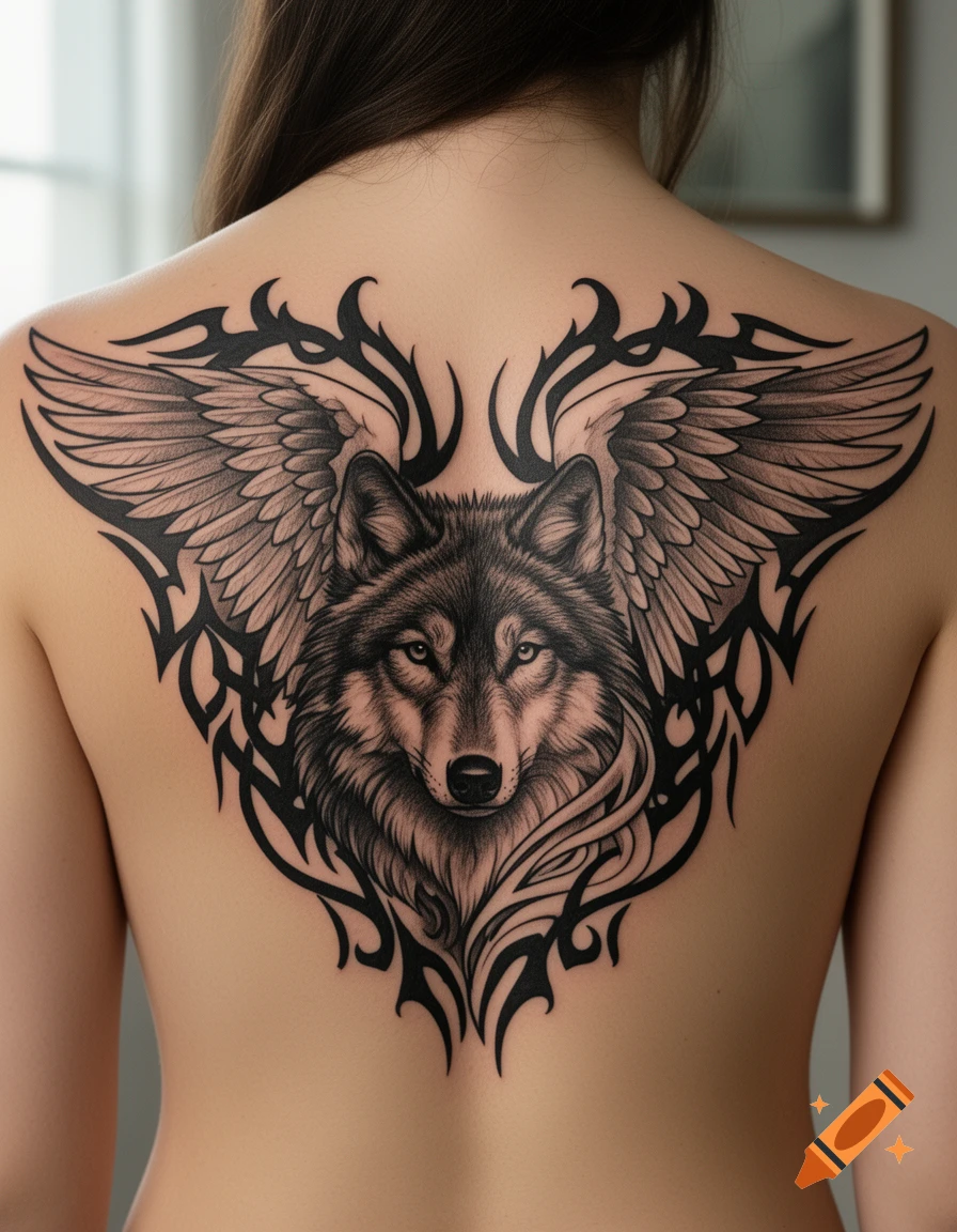 A large black and white wolf and winged tribal tattoo covers a woman's bare back.