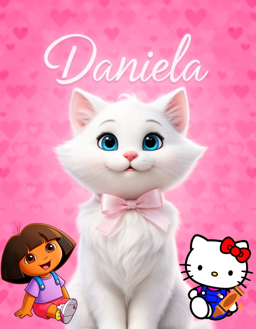 A white cat with blue eyes and a pink bow sits between Dora the Explorer and Hello Kitty on a pink heart background, with the name Daniela written above.