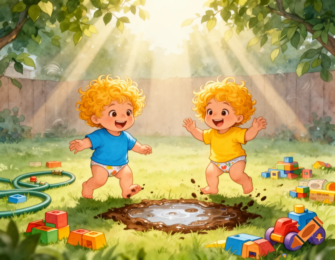 Two happy cartoon babies with curly blonde hair play in a sunny backyard, one in a blue shirt, one in a yellow, near a mud puddle and toys, watercolor style.