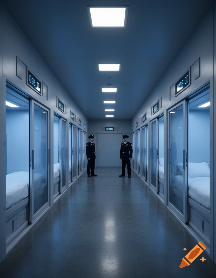 Two guards stand in a long, cold, sci-fi prison hallway lined with individual glass sleeping chambers, under bright square lights.