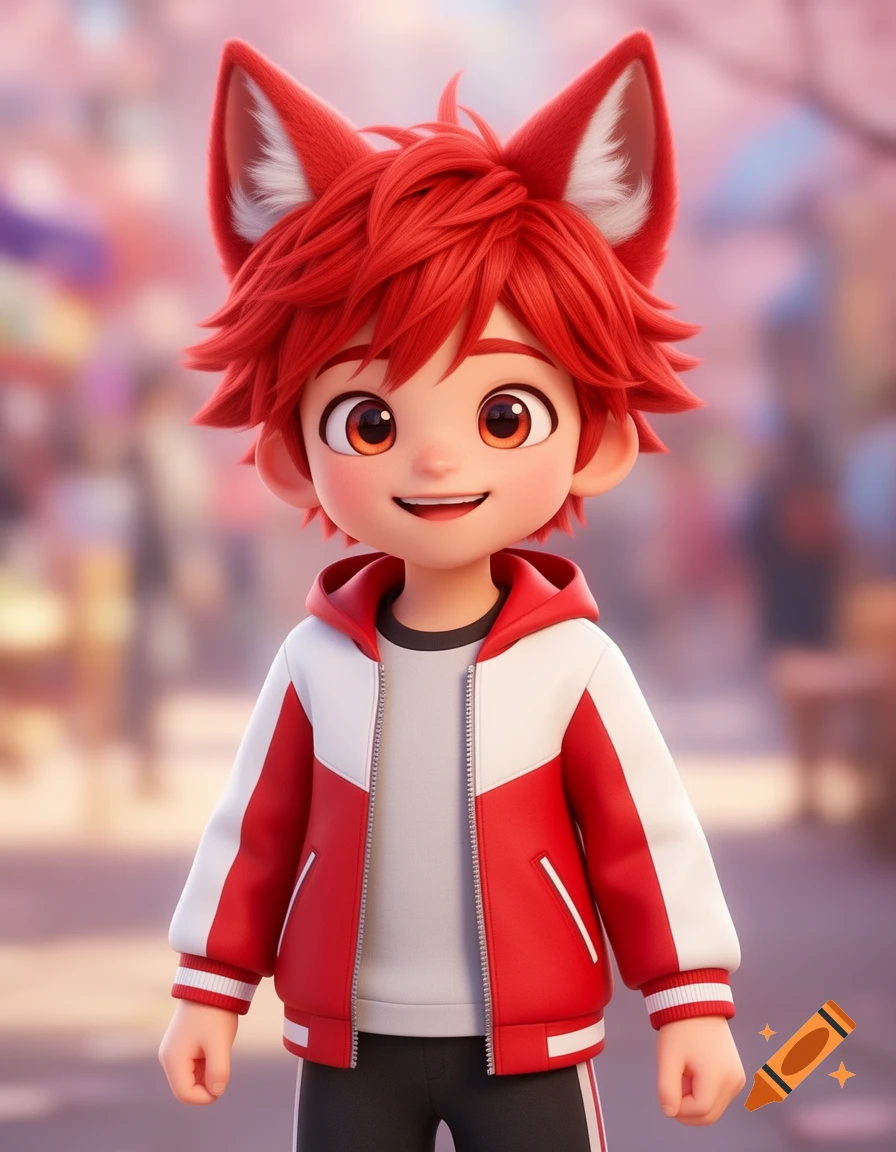 3D digital art of a cute anime boy with short red hair, red wolf ears, and a cute smile, wearing a red and white jacket.