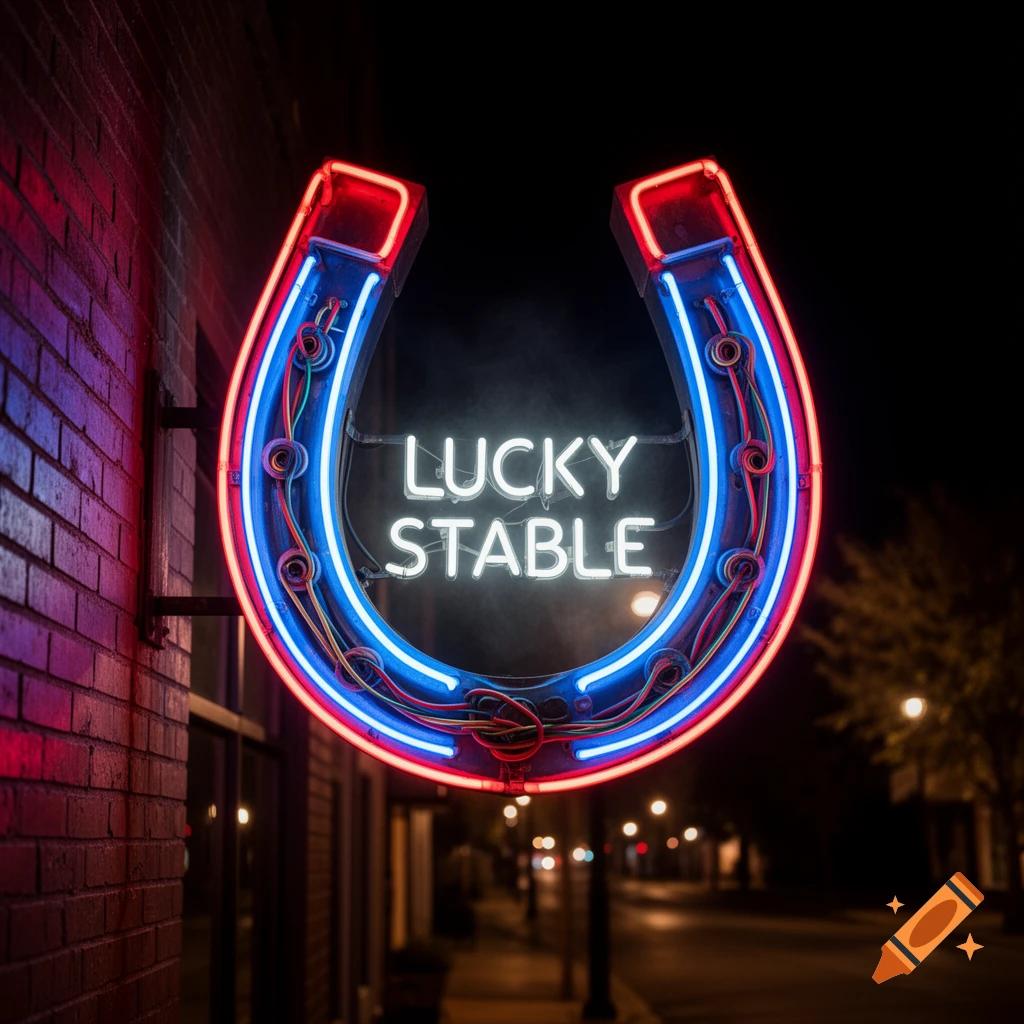 A vibrant red and blue neon horseshoe sign with "LUCKY STABLE" in white neon, attached to a brick wall at night.
