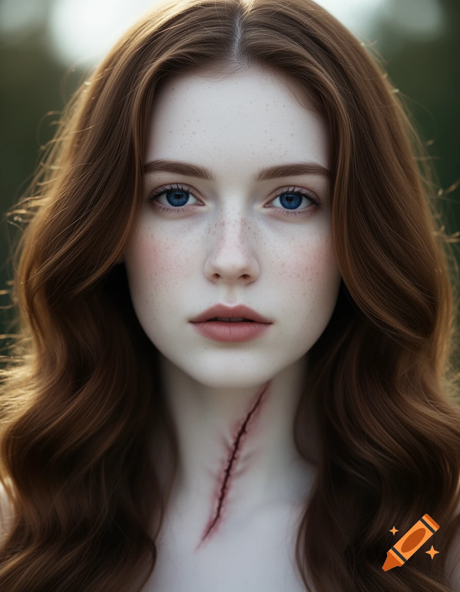 A close-up, photorealistic portrait of a young woman with long, wavy reddish-brown hair, pale skin with freckles, and striking blue eyes. A prominent vertical scar runs down her neck.