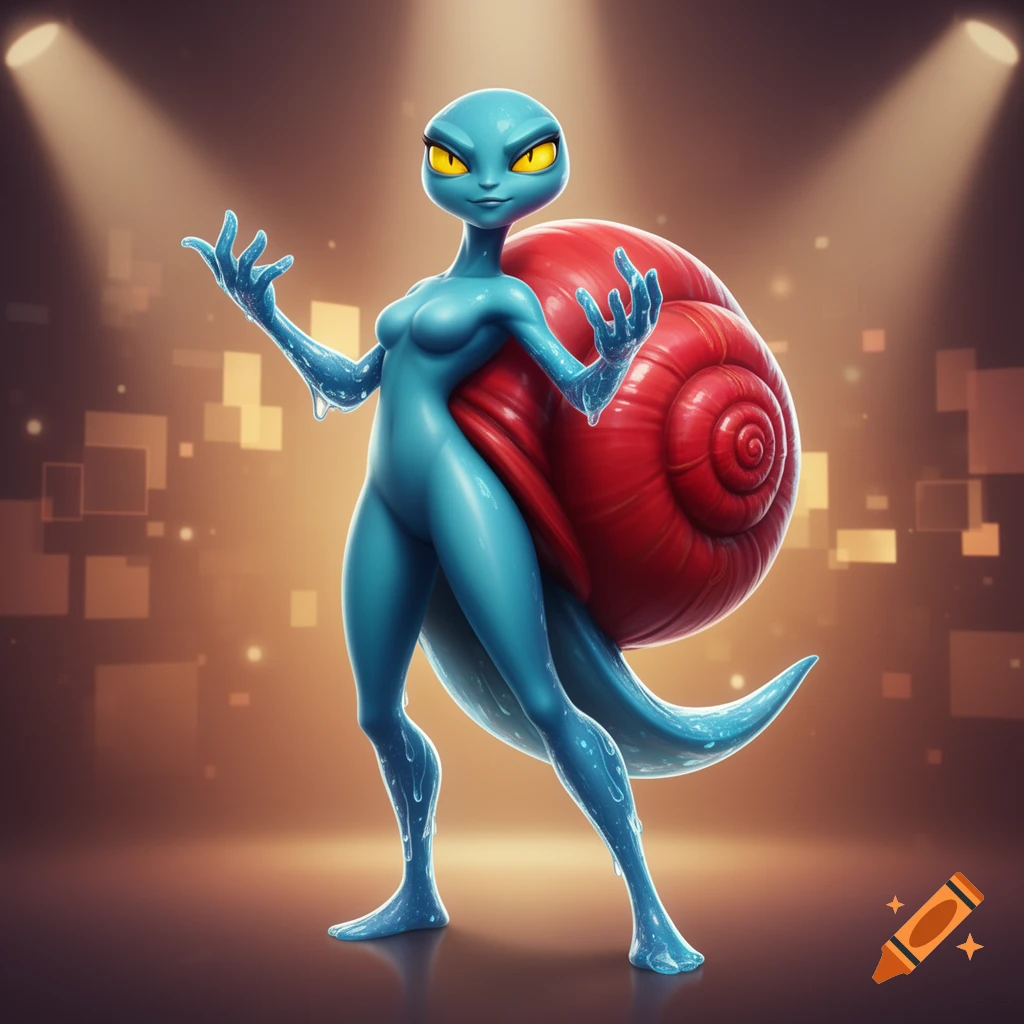 Stylized blue-skinned anthropomorphic snail creature with a red shell and slimy hands, in a character design style under spotlights.
