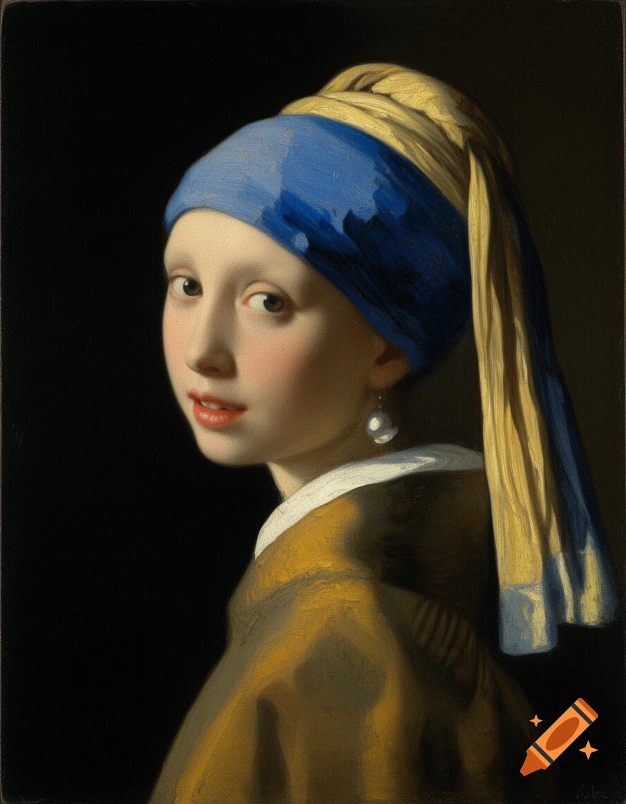 Oil painting portrait of a young woman with a blue and yellow headscarf and a pearl earring, looking over her shoulder.