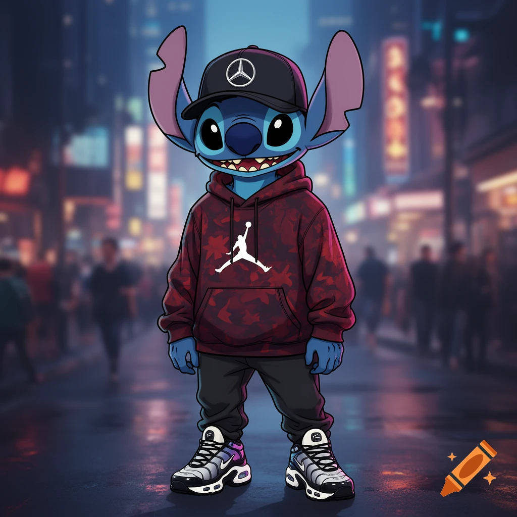 Cartoon character Stitch in a Mercedes cap, Air Jordan hoodie, and Nike Air Max sneakers, on a city street.