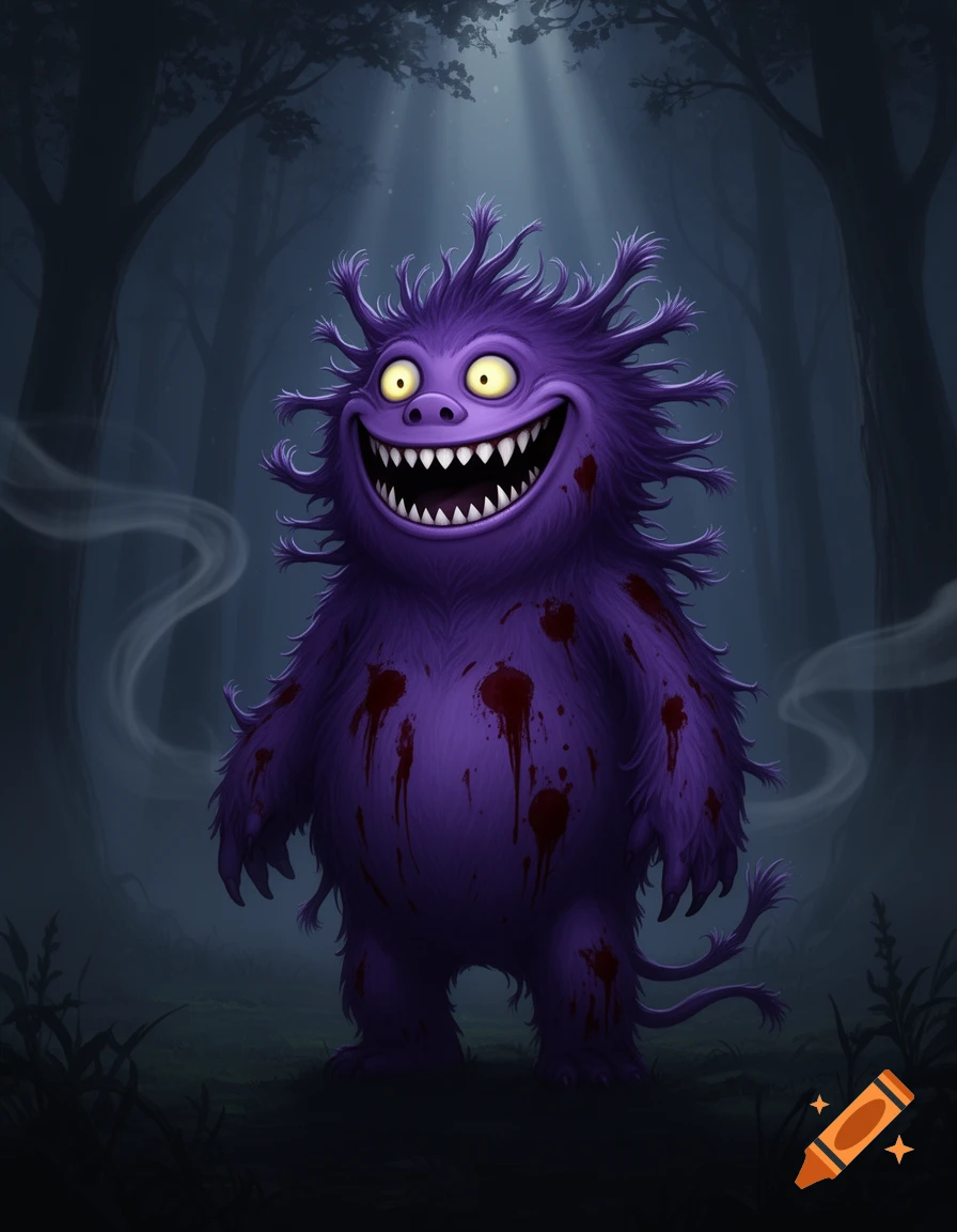 A cartoonish purple monster with spiky fur, a wide toothy grin, and large yellow eyes, covered in blood spatters, stands in a dark, misty forest.