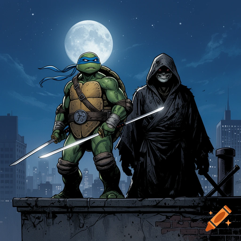 Leonardo and the Last Ronin stand side by side on a dark rooftop under a full moon, in comic book style.