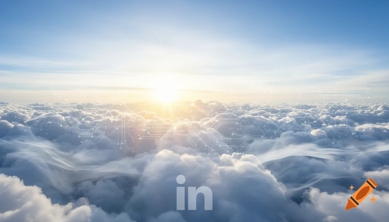 Photorealistic aerial view of fluffy clouds at sunrise, overlaid with circuit patterns and a large 'in' logo.