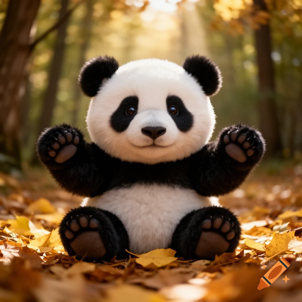A cute fluffy panda sits among fallen autumn leaves in a sunlit forest, with its paws raised.